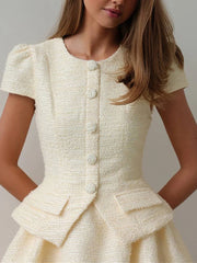 Beige Tweed Short Sleeve Top And Puff Mini Skirt Set