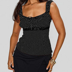 Babydoll Short Sleeve Polka Dot Tie Up Top