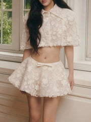 White Lace Embroidery Collar Short Sleeve Crop Top And High Waist Mini Skirt Set