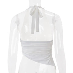 White Solid Halter Asymmetric Crop Top