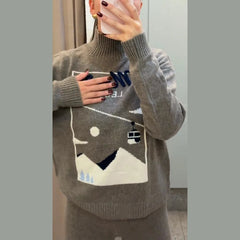 Grey High Neck Skit Printed Sweater