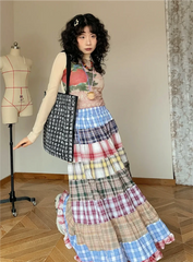 Plaid Patchwork Ruffles Maxi Skirt - Bohemian A-Line