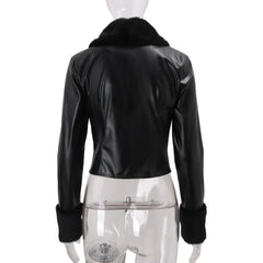 Black PU Fur Collar Short Jacket
