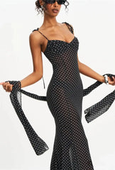 Black Polka Dot Sweetheart Neck Spaghetti Strap Scarf Maxi Dress