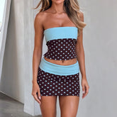 Blue Polka Dot Fold Over Tube Top And Mini Skirt Set