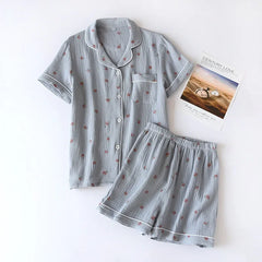 Cotton Peach Print Short-sleeved Shirt And Shorts Pajama Set