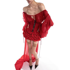 Off-Shoulder Long Sleeve Ruffles Mini Dress