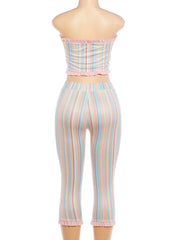 Colourful Stripe Ruffles Edge Crop Top And Capri Pants Set