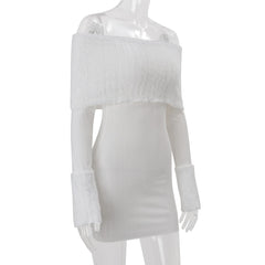 White Off Shoulder Plush Patchwork Knit Mini Dress