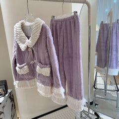 Fur Fleeve Long Sleeve Pocket Shirt And Pants Pajama Set