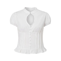 Front Keyhole Cut Out Button Ruffle Hem T-shirt