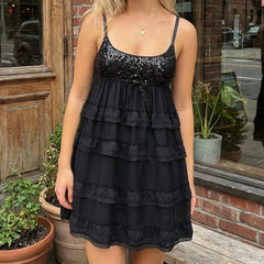 Sequin Multi-Layered Spaghetti Strap Ruffled Mini Dress