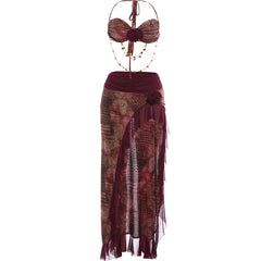 Printed Pearl Chain Bandau Top And High Split Maxi Skirt Beachwear Set