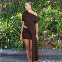 Slanted Tie Up Top And Mini Skirt Set