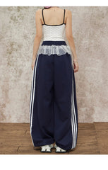 Navy Blue Wide Leg Elastic Waist Striped Sweatpants