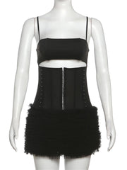 Black Fur Gem Corset Cut Out Mini Dress