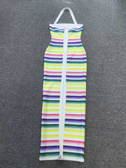 Halter Neck Colorful Striped Bandage Midi Dress