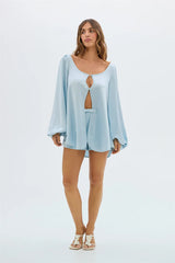 Long Sleeve Slit Blouse And Shorts Matching Set
