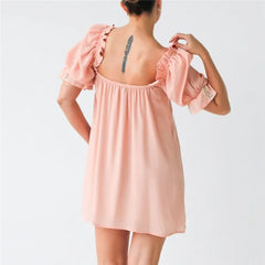 Square Neck Bow  Puff Short Sleeve Babydoll Mini Dress