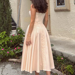 Solid Spaghetti Strap Bustier Pleated Midi Dress