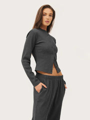 Ribbed Fabric Knit Long-Sleeved Top And Long Pants Leisure Set