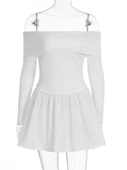 Off-Shoulder Long Sleeve Solid Ruffled Mini Dress