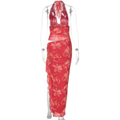 Red Printed Mesh Halter Deep Neck Cut Out Maxi Dress