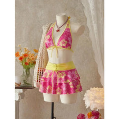 Floral Color Block Triangle Bikini And Pants With Cover Up Skirt Three-Piece Set