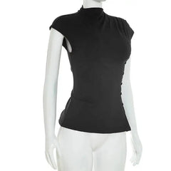 Solid Waist-Cinching Button Mock Neck Top