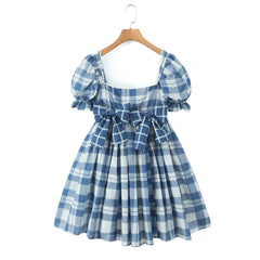 Blue Plaid Short Puff Sleeve Square Neck Bow A-line Mini Dress