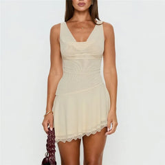 Beige Cowl Strapless Mesh Mini Dress