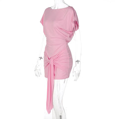 Pink Short Sleeve Waist Tie Mini Dress