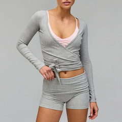 Grey Wrap Tie Long Sleeve Crop Top And High Waist Shorts Set