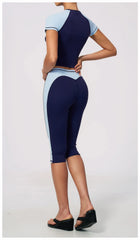 Two-Tone Contrast Seam Crop Top And Capri Leggings Set