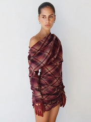 Plaid Off-Shoulder Full-Sleeve Mini Dress