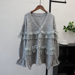 Pearl Button Ruffle Trim Cardigan