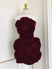 Velvet 3D Flower Strapless Mini Dress With Gloves