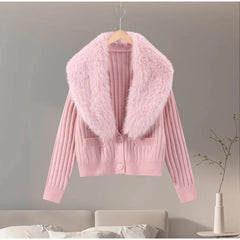 Pink Faux Fur Collar Knit Cardigan
