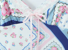 Blue Floral Print Lace Bow Mini Sling Dress