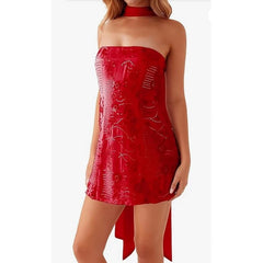 Red strapless dress with sequin details