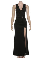 Black Metal Buckle Belt Maxi Dress