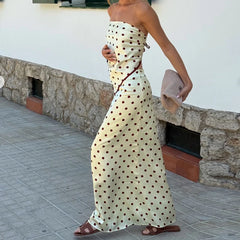 Strapless Polka Dot Satin Tie Up Crop Tops And A-line Maxi Skirt Set