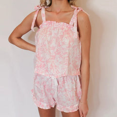 Floral Print Tie Shoulder Babydoll Tank Top And Ruffles Shorts Lounge Set