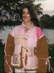 Patchwork Floral Gingham Print Bow Decor Fleece Jacket