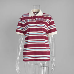 Retro Striped Short Sleeve Polo Neck T-shirt