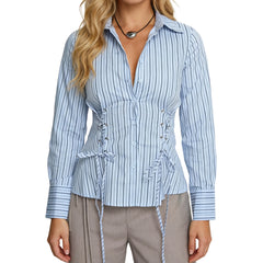 Blue Stripe Waist-Cinching Shirt