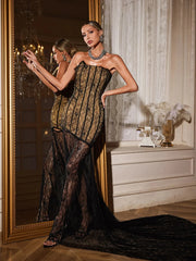 Black Lace Strapless Lace Sheer Detachable Hem Maxi Dress