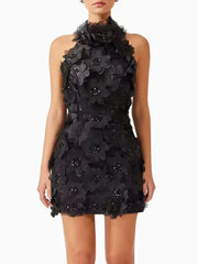 Halter 3d Flower Appliques Mini Dress