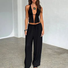 Stripe Tie-Up Halter Neck Backless Tank Top And Wide-Leg Pants Set