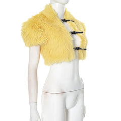 Fluffy Faux Fur Crop Belt Buckle Jacket